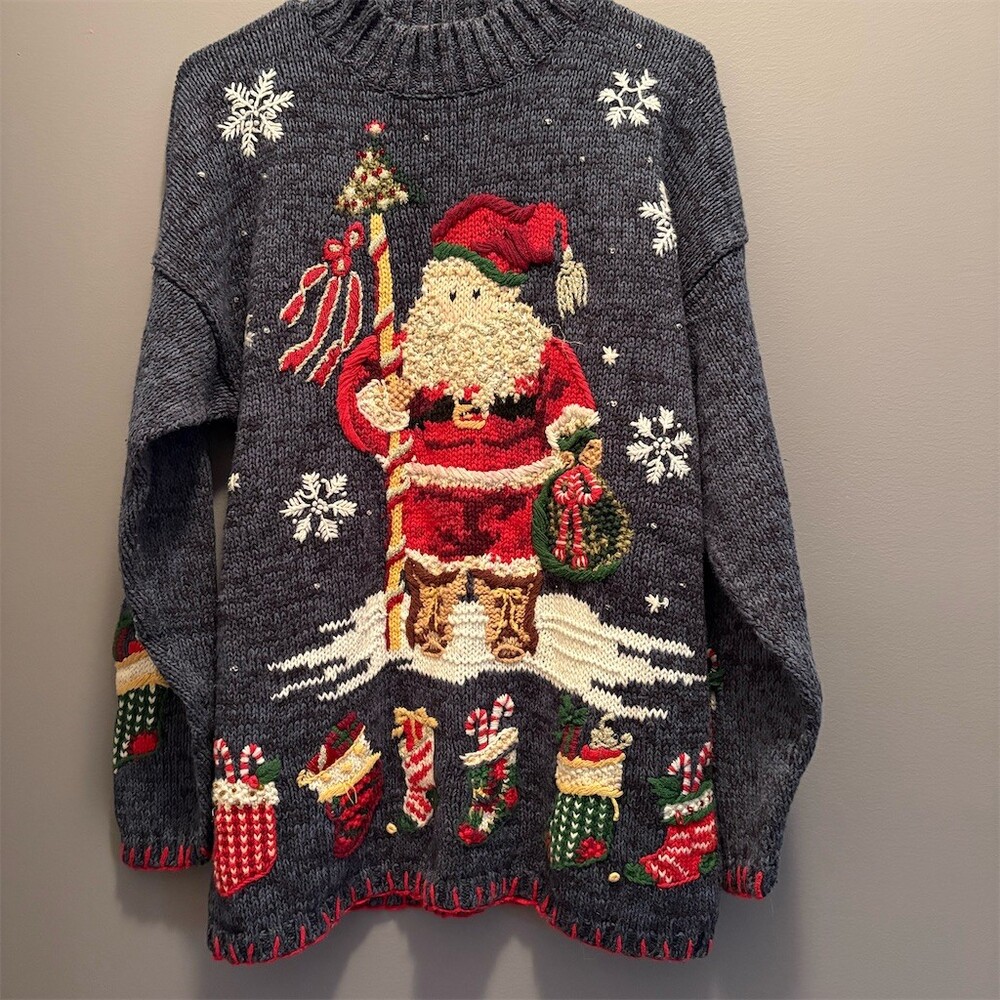 Tiara International Womens Vintage Ugly Christmas Sweater Santa Blue